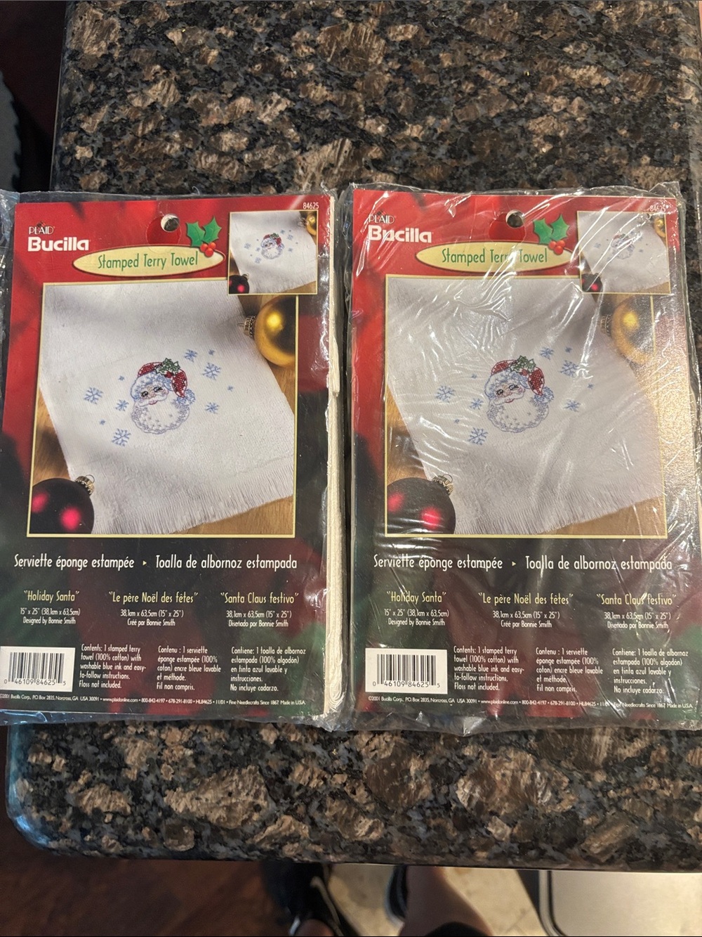 Bucilla White Terry Towels with Santa and Blue Snowflake Accents #84625